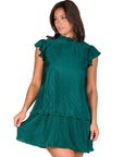 Ruffle Cap Sleeve High Neck Pleated Tiered Mini Dress