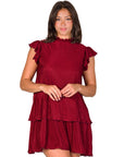Ruffle Cap Sleeve High Neck Pleated Tiered Mini Dress
