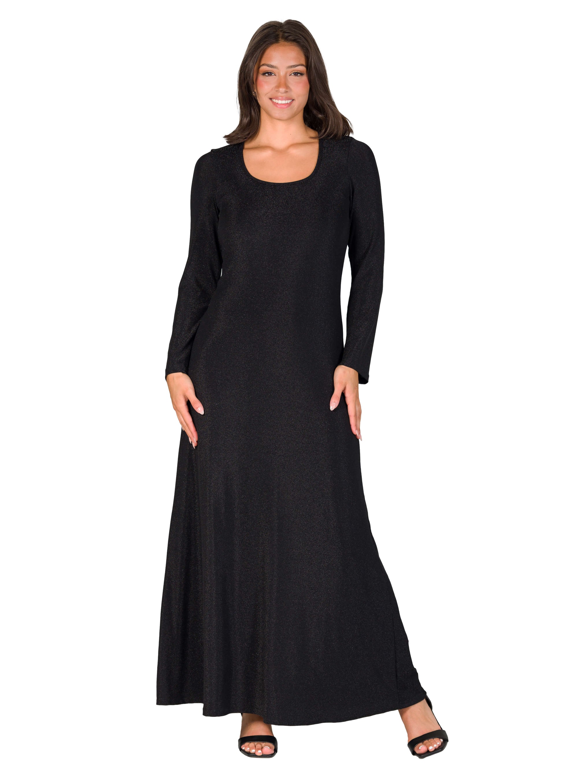 Long Sleeve Scoop Neck Shimmery Fabric Maxi Dress