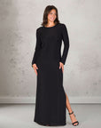 Fitted Long Sleeve Shimmery Fabric Side Slit Maxi Dress