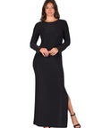 Fitted Long Sleeve Shimmery Fabric Side Slit Maxi Dress