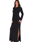 Fitted Long Sleeve Shimmery Fabric Side Slit Maxi Dress