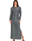 Fitted Long Sleeve Shimmery Fabric Side Slit Maxi Dress