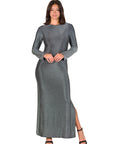 Fitted Long Sleeve Shimmery Fabric Side Slit Maxi Dress