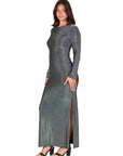 Fitted Long Sleeve Shimmery Fabric Side Slit Maxi Dress