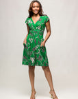 24seven Comfort Apparel Womens Cap Sleeve Green Floral V Neck Knee Length Pocket Dress