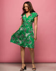 24seven Comfort Apparel Womens Cap Sleeve Green Floral V Neck Knee Length Pocket Dress