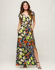 24seven Comfort Apparel Womens Butterfly Print Cap Sleeve V Neck Side Slit Pocket Maxi Dress