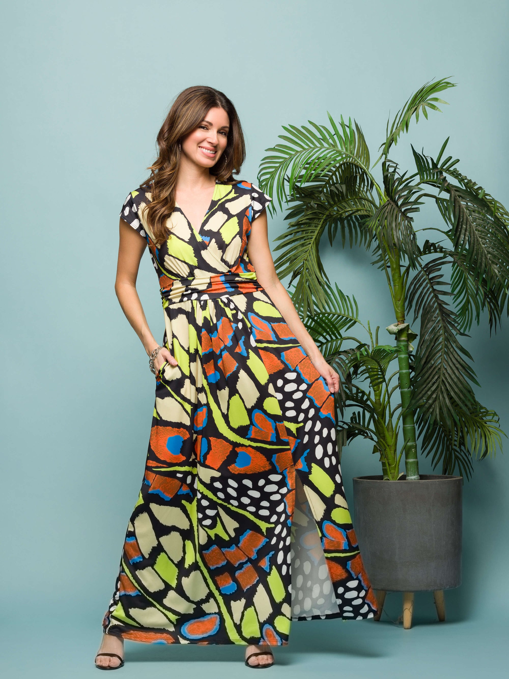 24seven Comfort Apparel Womens Butterfly Print Cap Sleeve V Neck Side Slit Pocket Maxi Dress