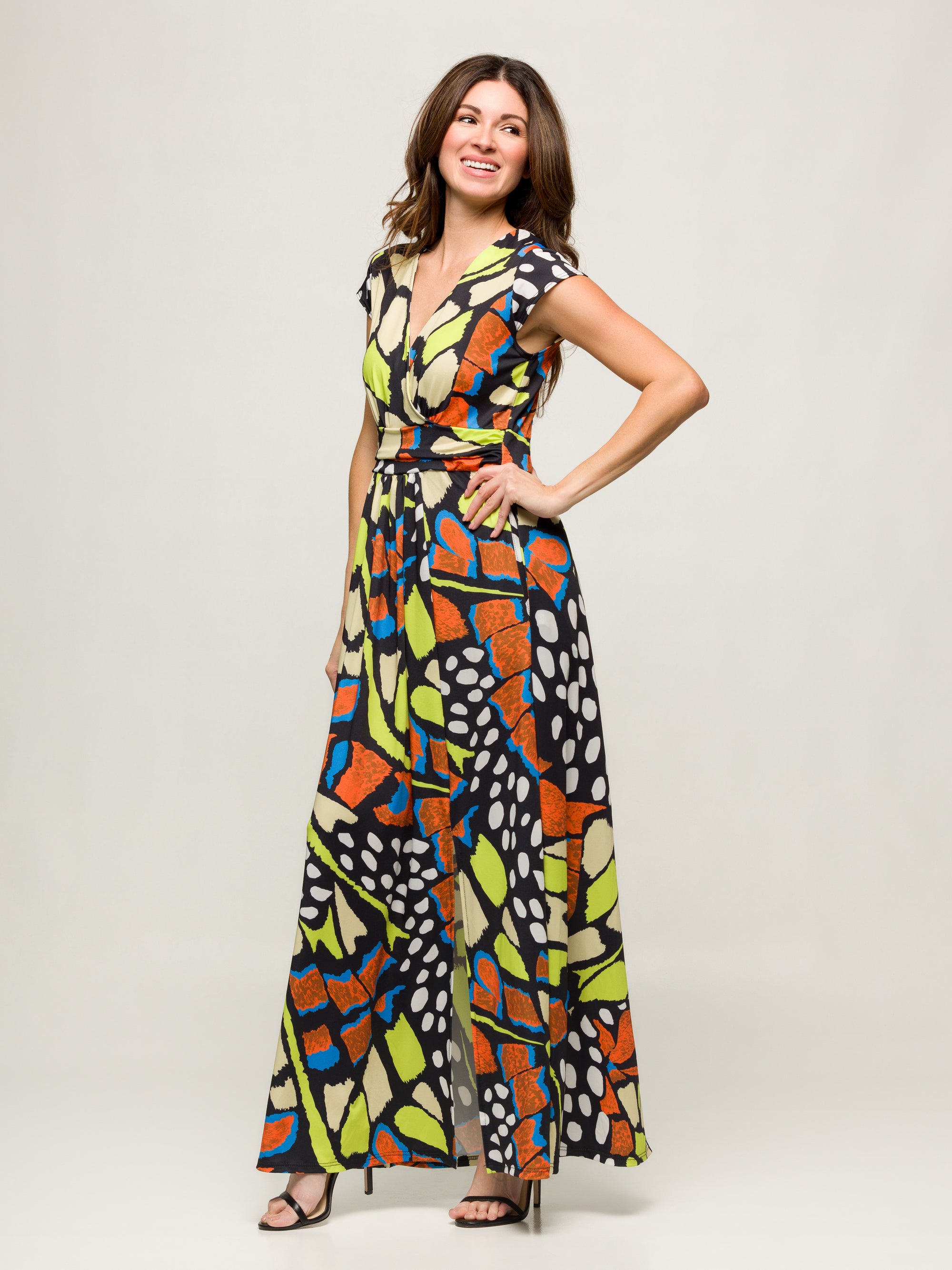 24seven Comfort Apparel Womens Butterfly Print Cap Sleeve V Neck Side Slit Pocket Maxi Dress