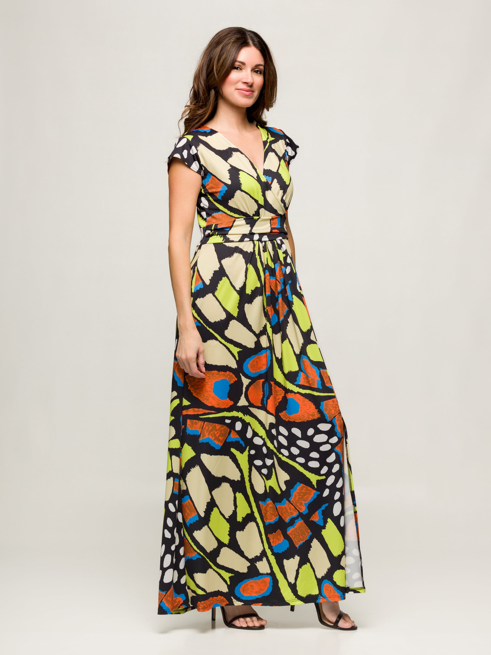 24seven Comfort Apparel Womens Butterfly Print Cap Sleeve V Neck Side Slit Pocket Maxi Dress