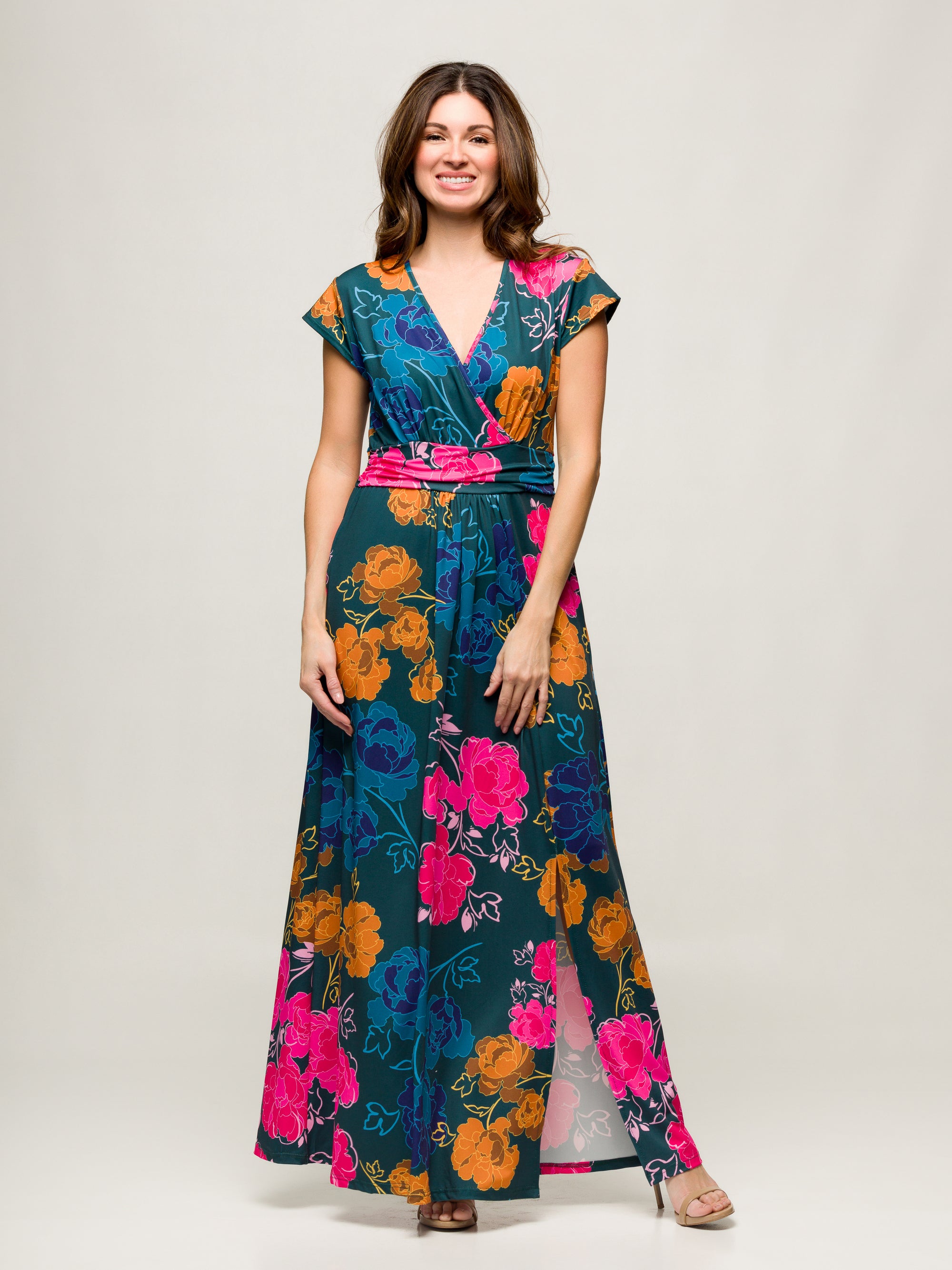 24seven Comfort Apparel Womens Floral Print Cap Sleeve V Neck Side Slit Pocket Maxi Dress