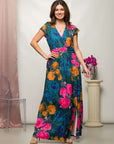 24seven Comfort Apparel Womens Floral Print Cap Sleeve V Neck Side Slit Pocket Maxi Dress