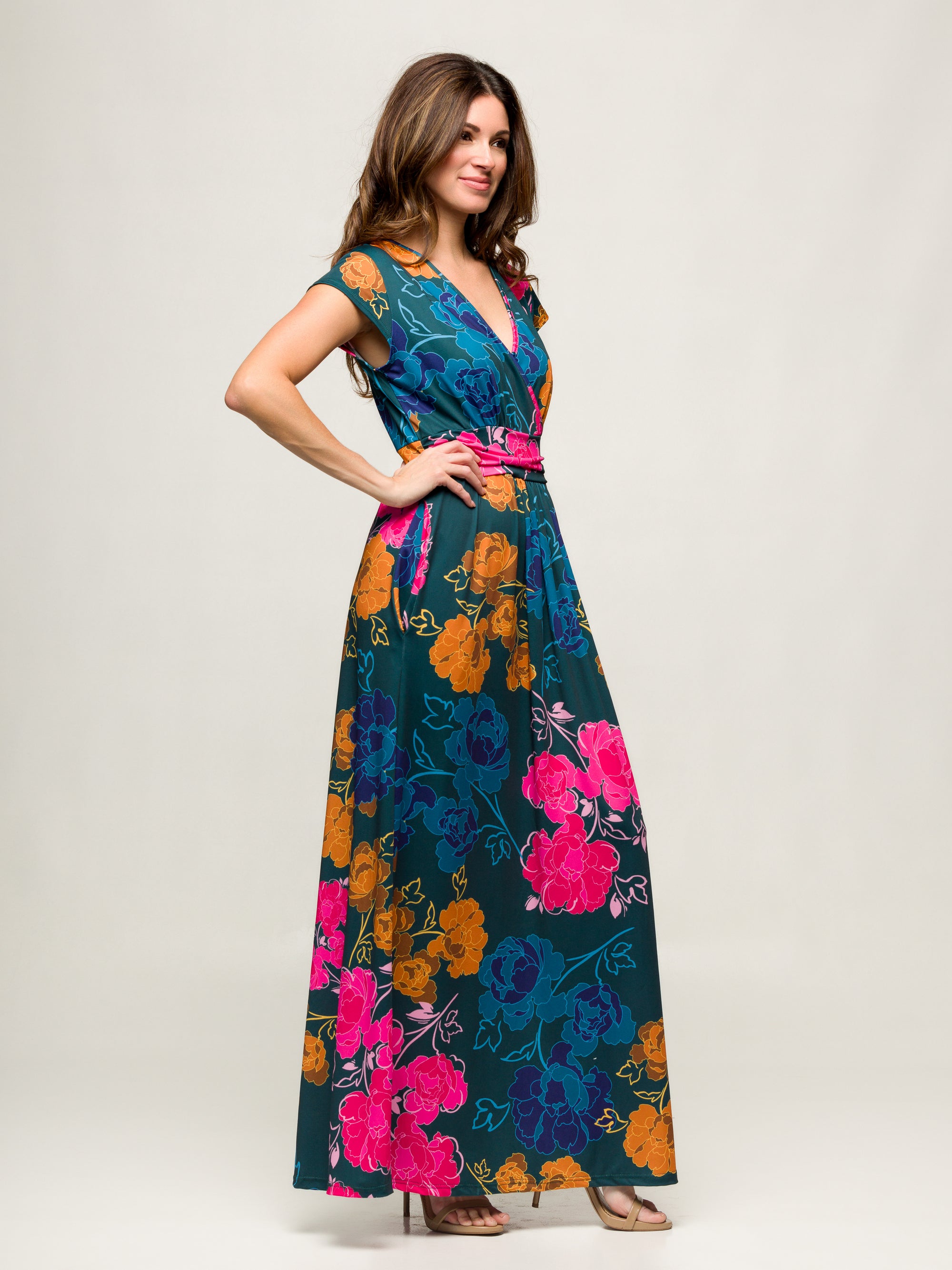 24seven Comfort Apparel Womens Floral Print Cap Sleeve V Neck Side Slit Pocket Maxi Dress