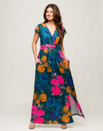 24seven Comfort Apparel Womens Floral Print Cap Sleeve V Neck Side Slit Pocket Maxi Dress