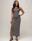 24seven Comfort Apparel Womens Black and White Print Sleeveless Side Slit Maxi Dress