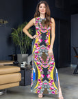 24seven Comfort Apparel Womens Geometric Floral Print Sleeveless Side Slit Maxi Dress
