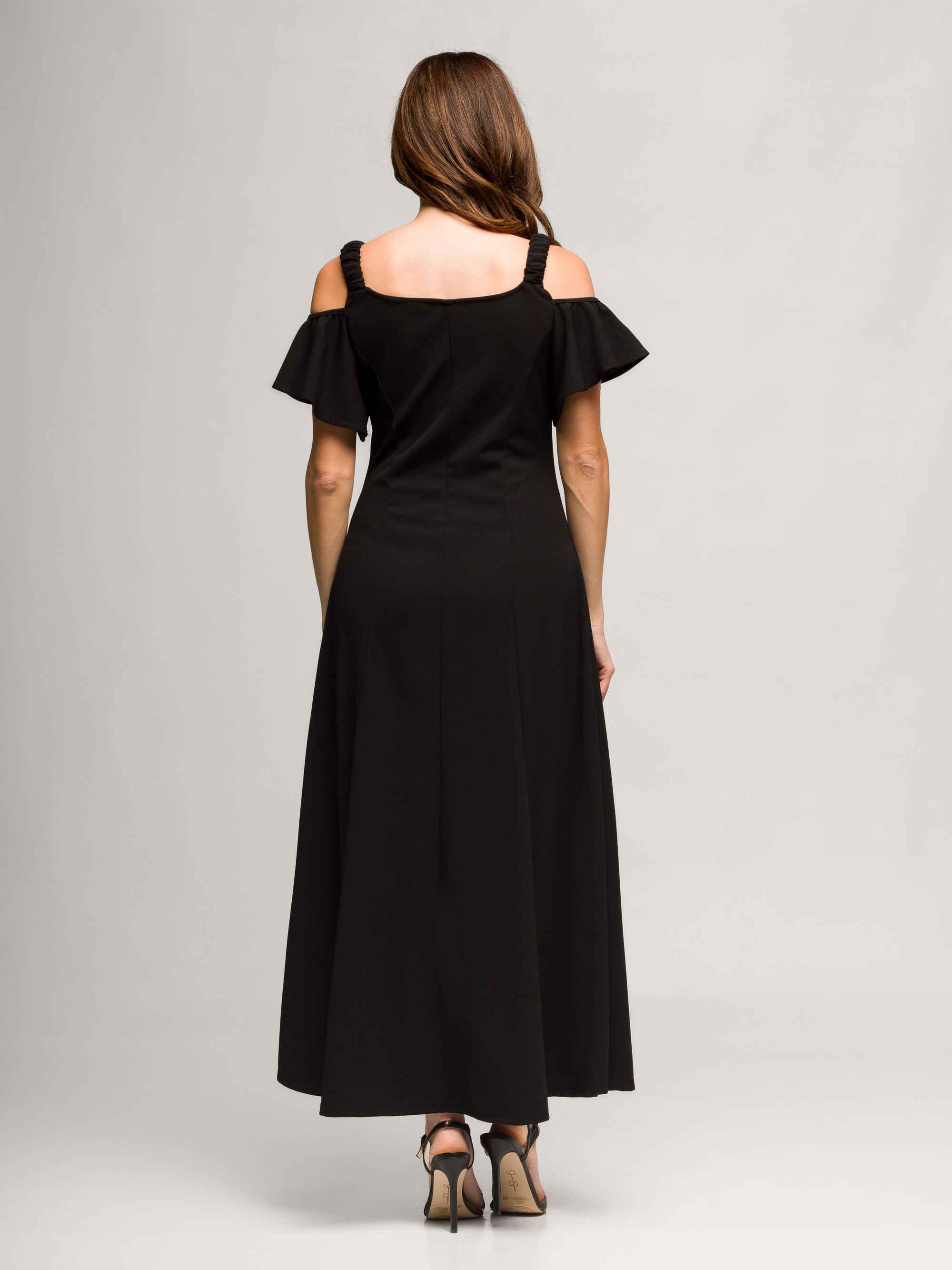 24seven Comfort Apparel Womens Cold Sholder Ruffle Sleeve A Line Maxi Dress