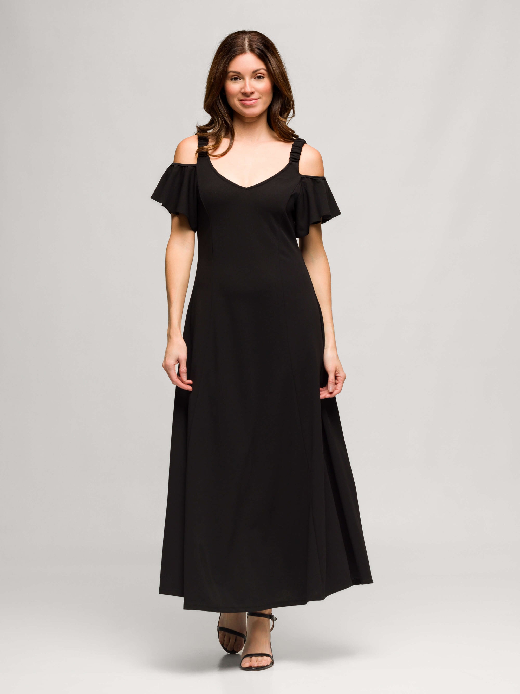 24seven Comfort Apparel Womens Cold Sholder Ruffle Sleeve A Line Maxi Dress