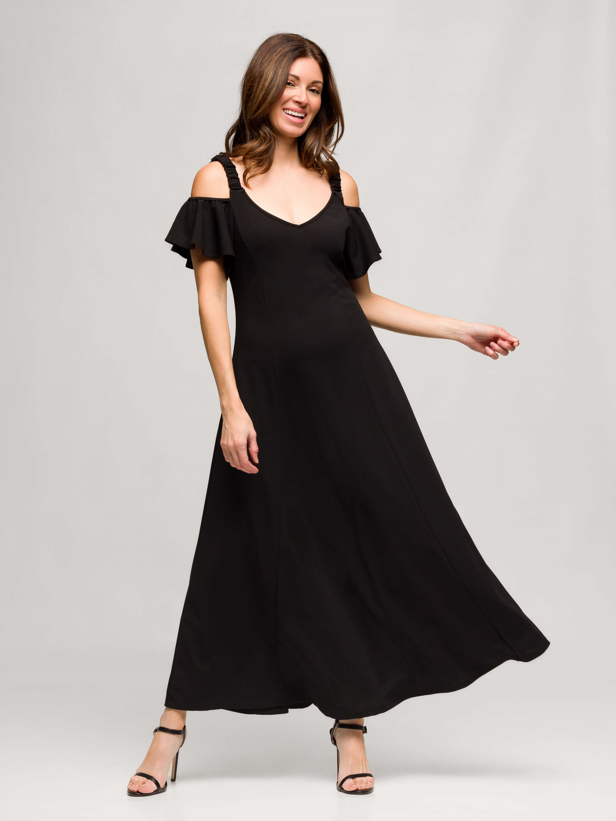 24seven Comfort Apparel Womens Cold Sholder Ruffle Sleeve A Line Maxi Dress