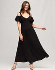 24seven Comfort Apparel Womens Cold Sholder Ruffle Sleeve A Line Maxi Dress