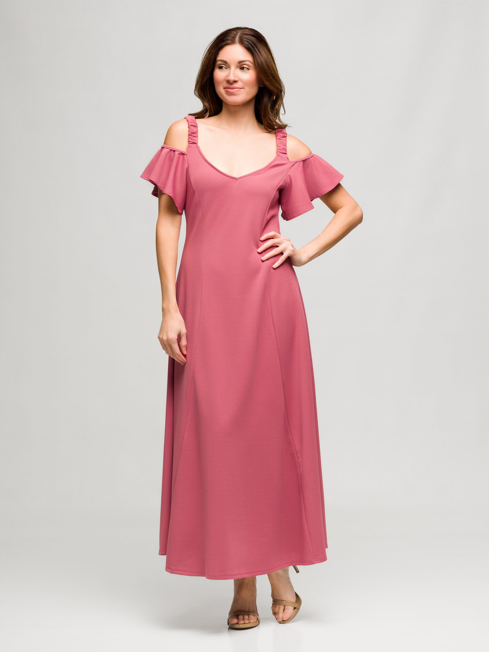 24seven Comfort Apparel Womens Cold Sholder Ruffle Sleeve A Line Maxi Dress