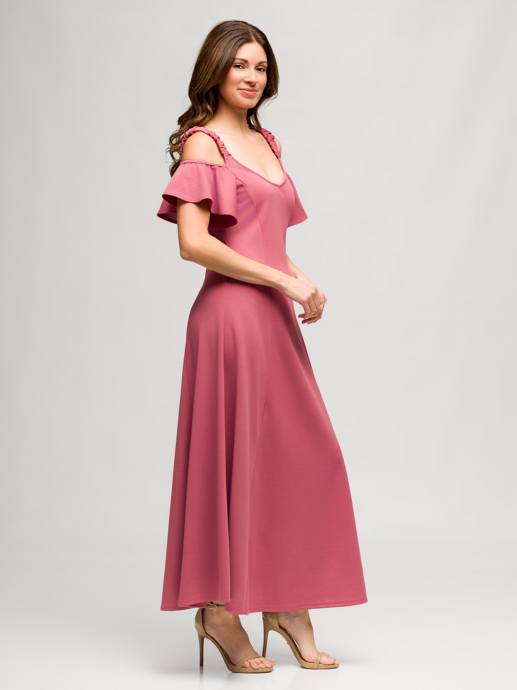 24seven Comfort Apparel Womens Cold Sholder Ruffle Sleeve A Line Maxi Dress