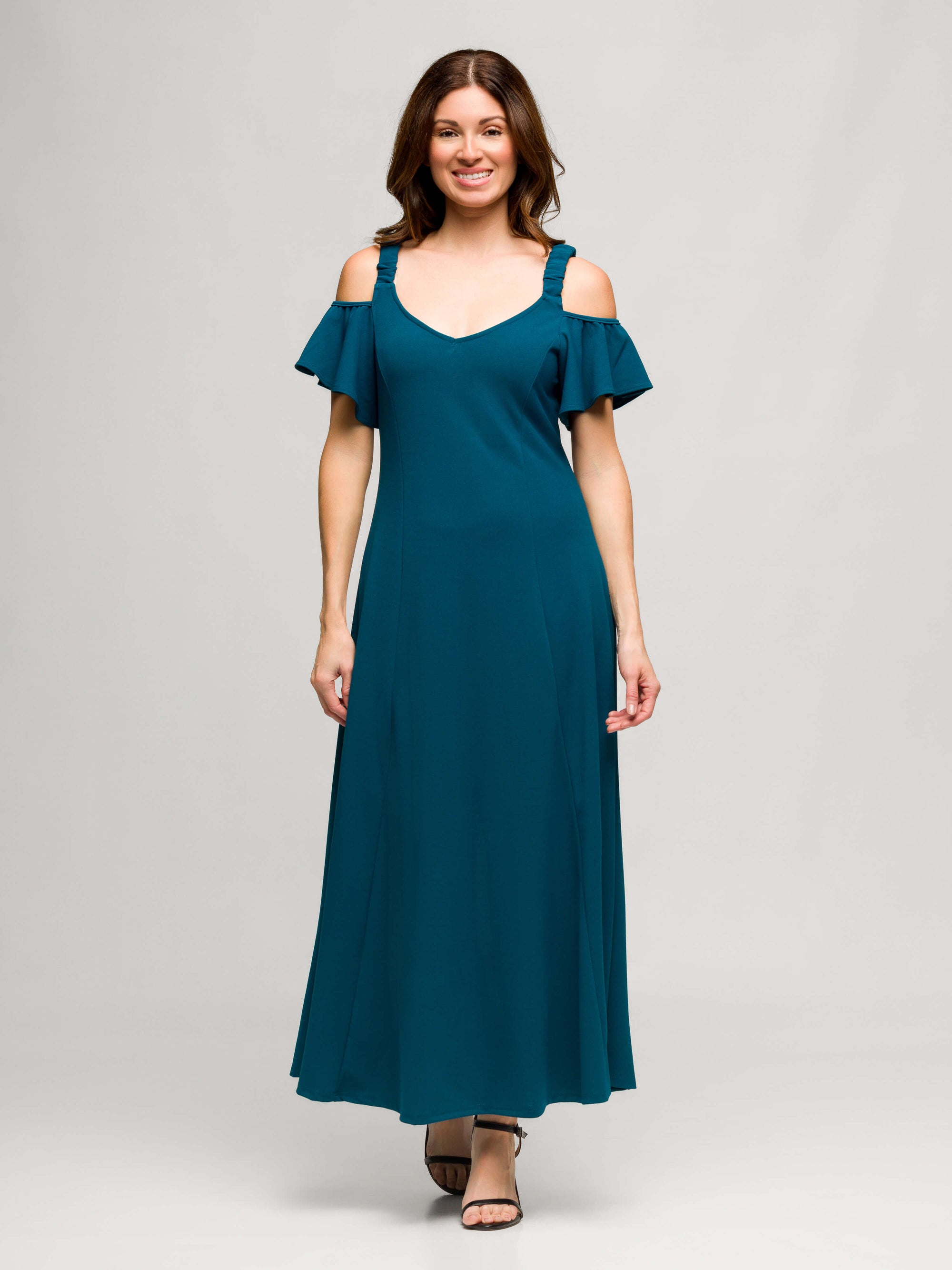 24seven Comfort Apparel Womens Cold Sholder Ruffle Sleeve A Line Maxi Dress