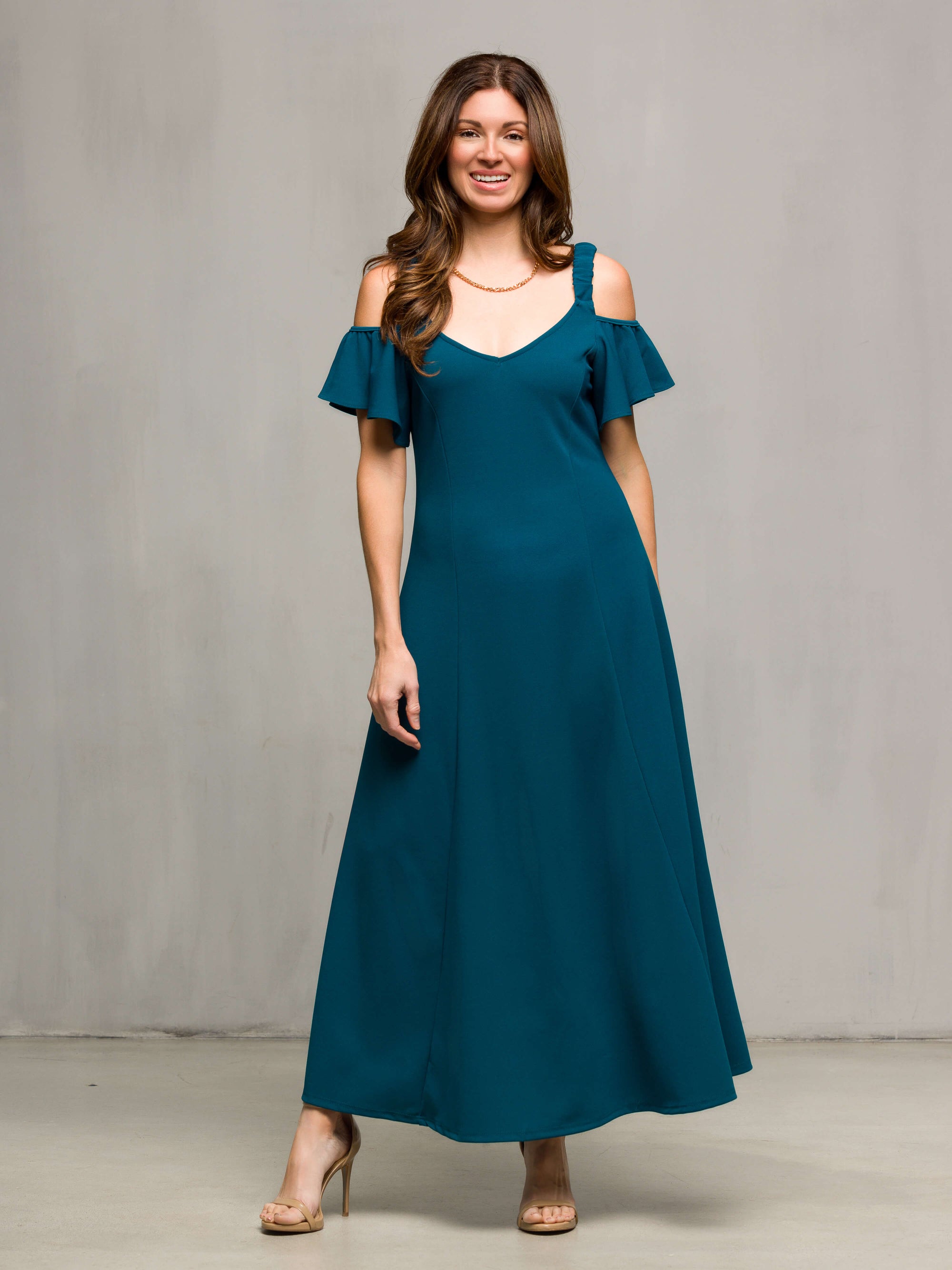 24seven Comfort Apparel Womens Cold Sholder Ruffle Sleeve A Line Maxi Dress