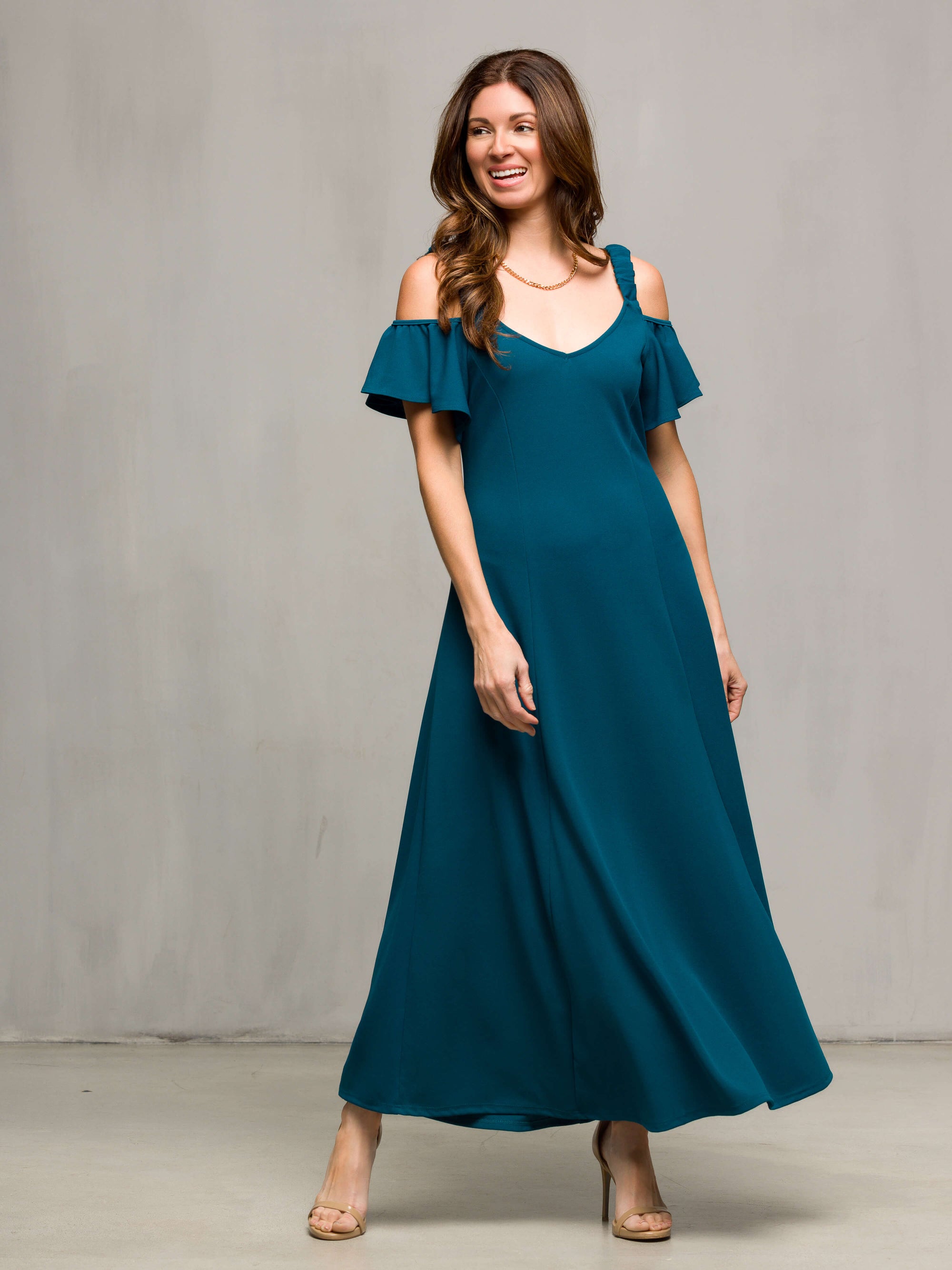 24seven Comfort Apparel Womens Cold Sholder Ruffle Sleeve A Line Maxi Dress