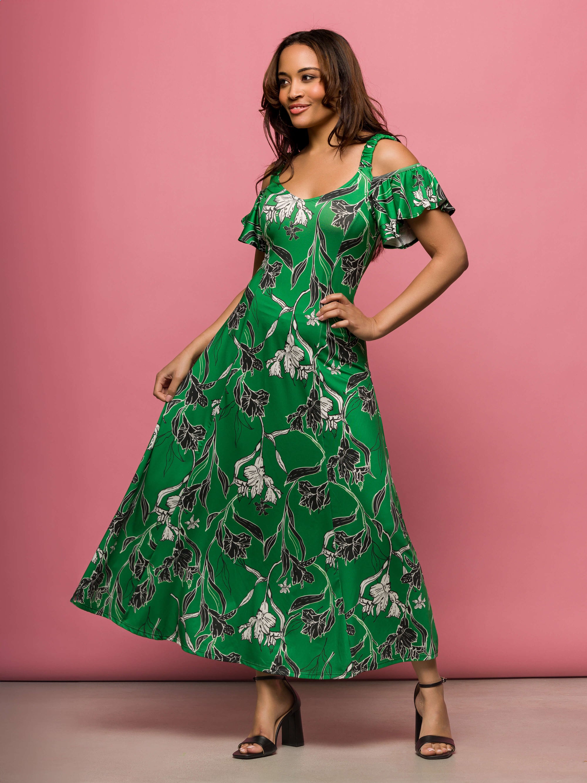 24seven Comfort Apparel Womens Green Floral Cold Sholder Ruffle Sleeve A Line Maxi Dress