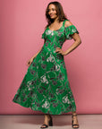 24seven Comfort Apparel Womens Green Floral Cold Sholder Ruffle Sleeve A Line Maxi Dress