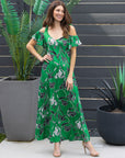 24seven Comfort Apparel Womens Green Floral Cold Sholder Ruffle Sleeve A Line Maxi Dress