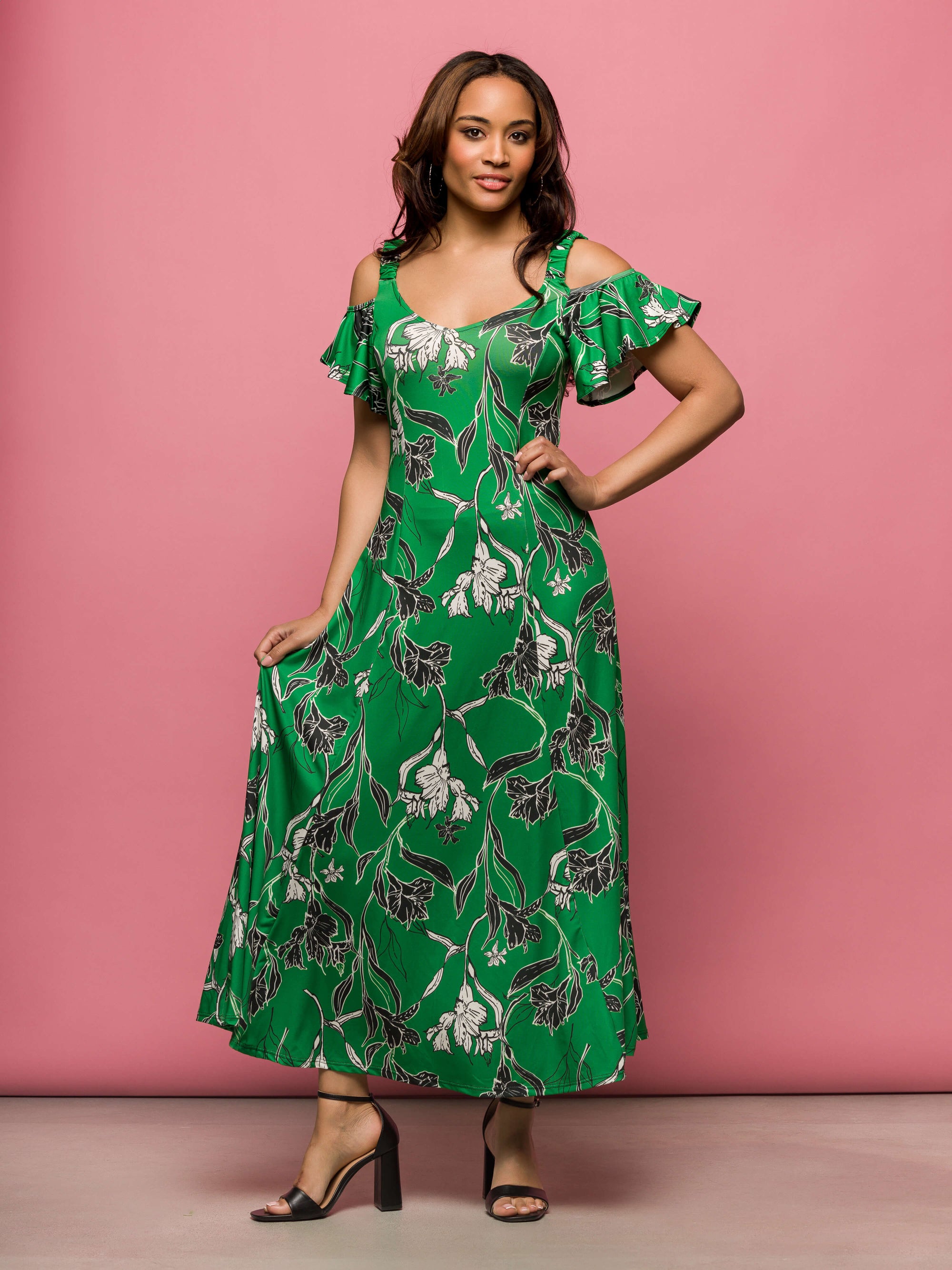 24seven Comfort Apparel Womens Green Floral Cold Sholder Ruffle Sleeve A Line Maxi Dress