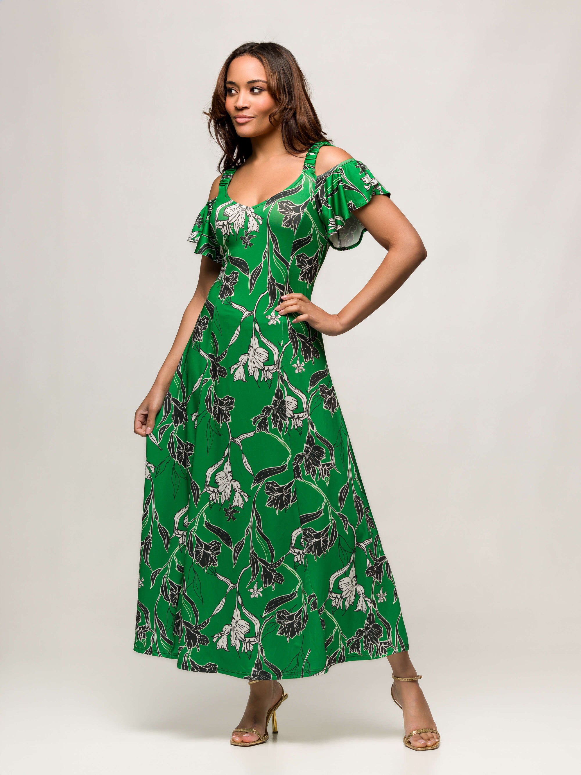 24seven Comfort Apparel Womens Green Floral Cold Sholder Ruffle Sleeve A Line Maxi Dress