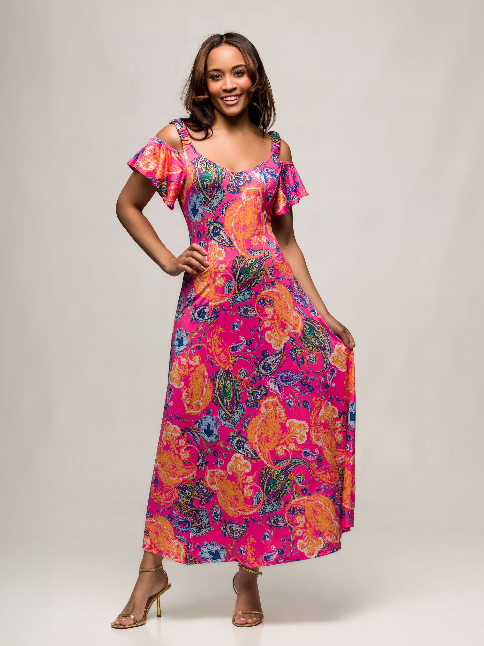 24seven Comfort Apparel Womens Pink Paisley Cold Sholder Ruffle Sleeve A Line Maxi Dress