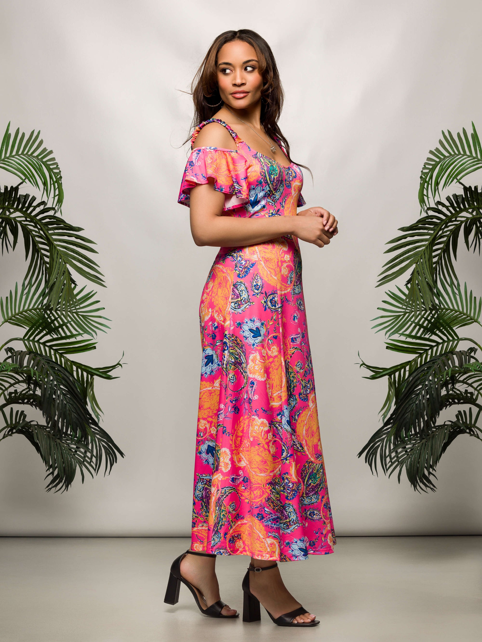 24seven Comfort Apparel Womens Pink Paisley Cold Sholder Ruffle Sleeve A Line Maxi Dress