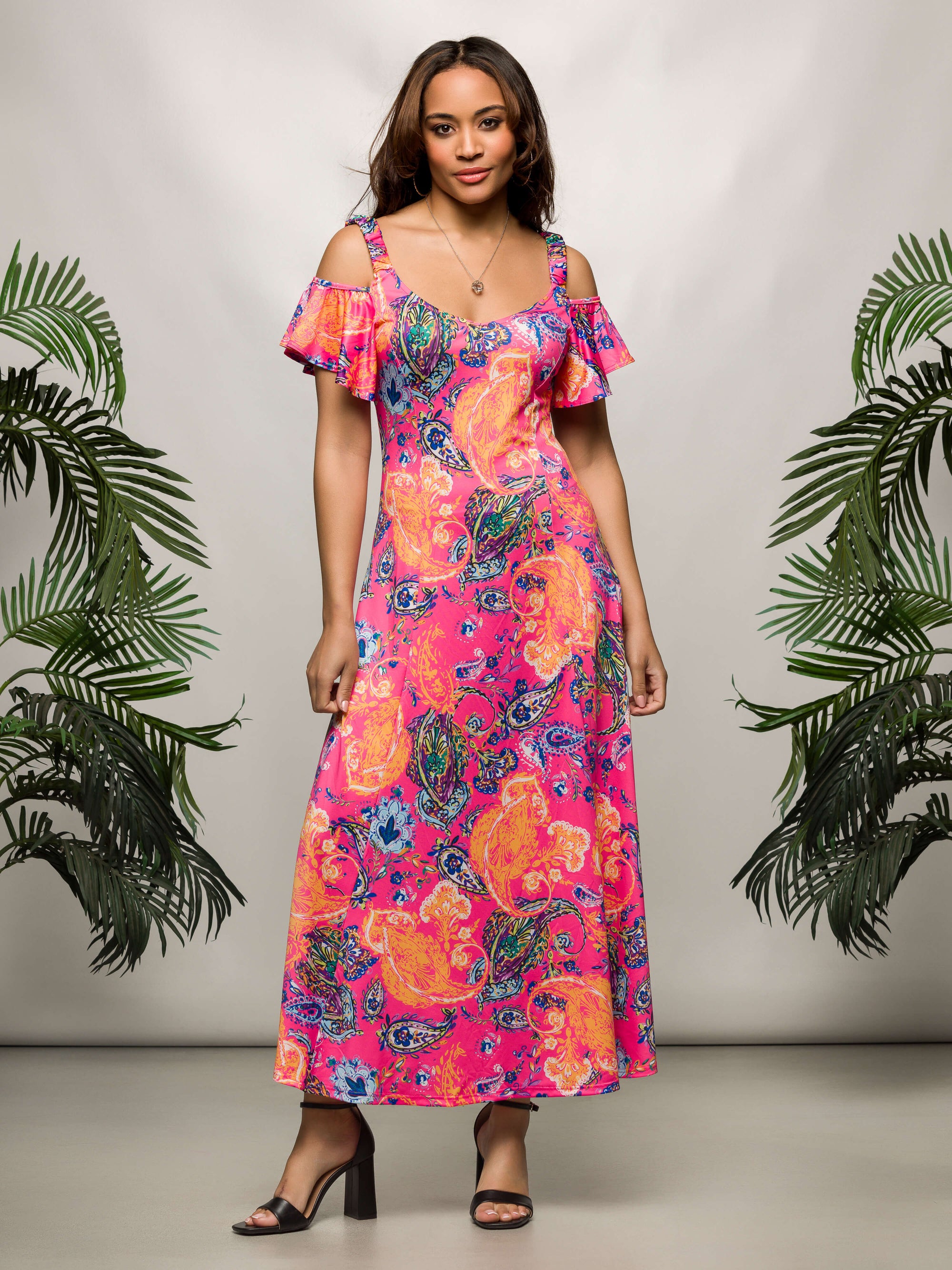 24seven Comfort Apparel Womens Pink Paisley Cold Sholder Ruffle Sleeve A Line Maxi Dress