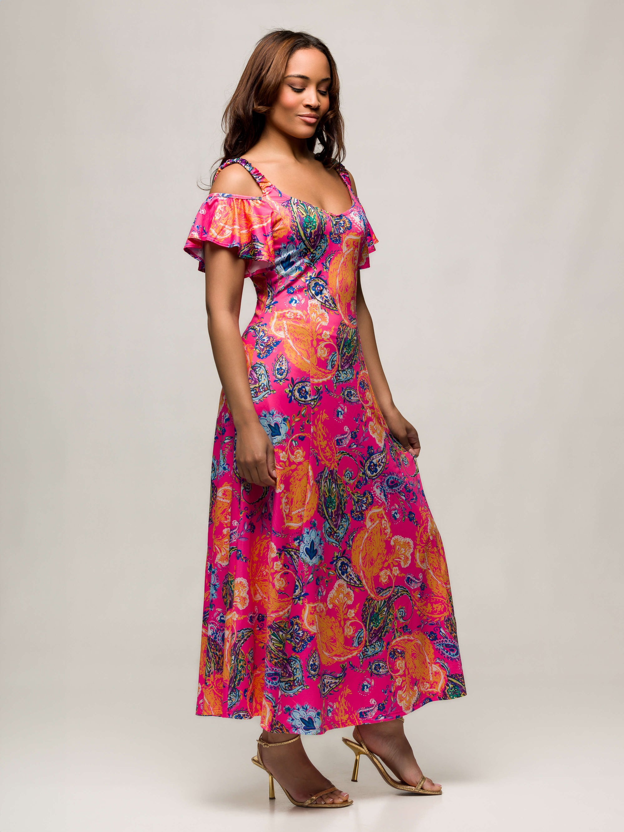 24seven Comfort Apparel Womens Pink Paisley Cold Sholder Ruffle Sleeve A Line Maxi Dress