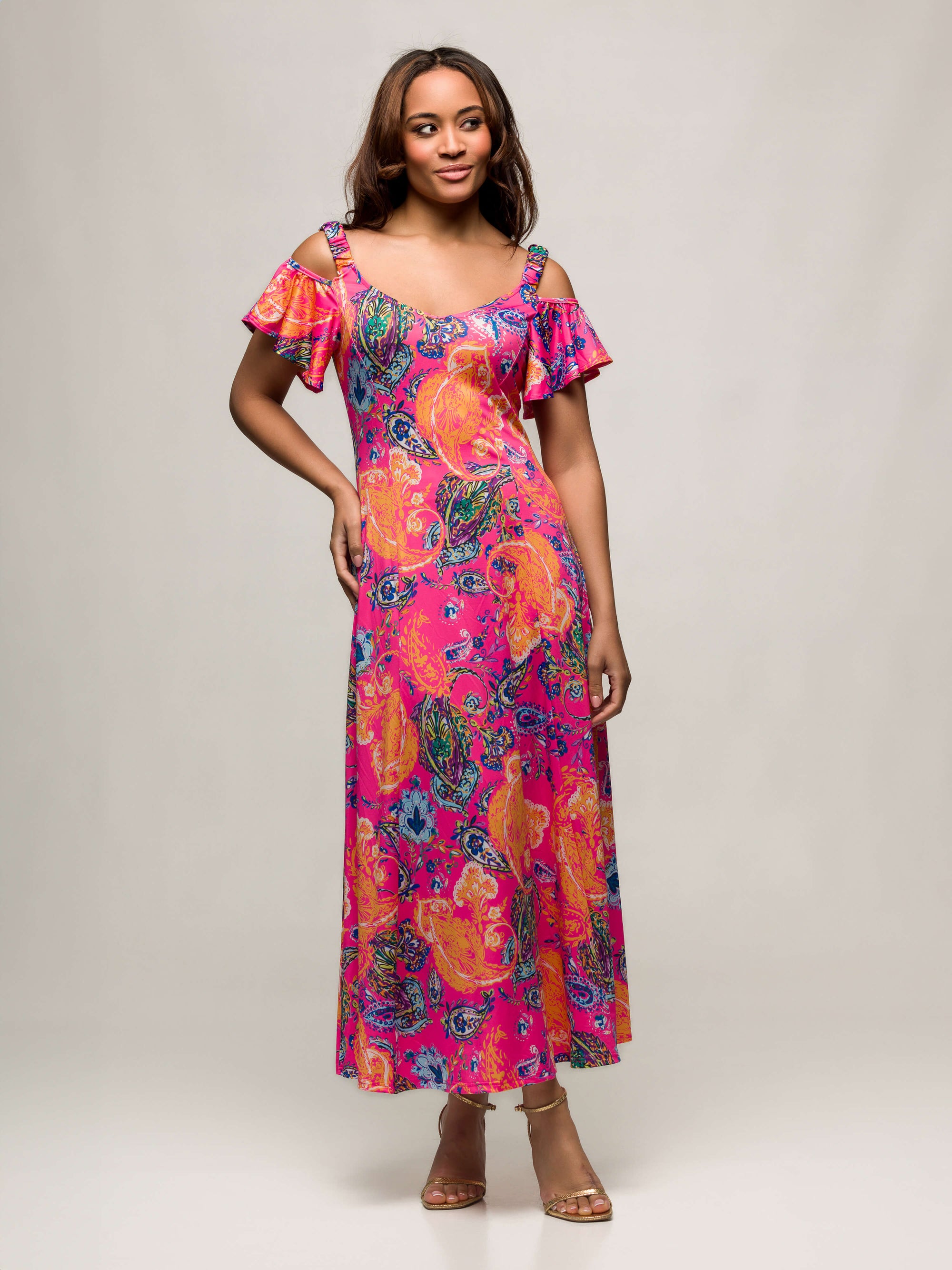 24seven Comfort Apparel Womens Pink Paisley Cold Sholder Ruffle Sleeve A Line Maxi Dress
