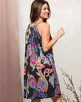 24seven Comfort Apparel Womens Knee Length Black Paisley Print Sleeveless Keyhole Dress