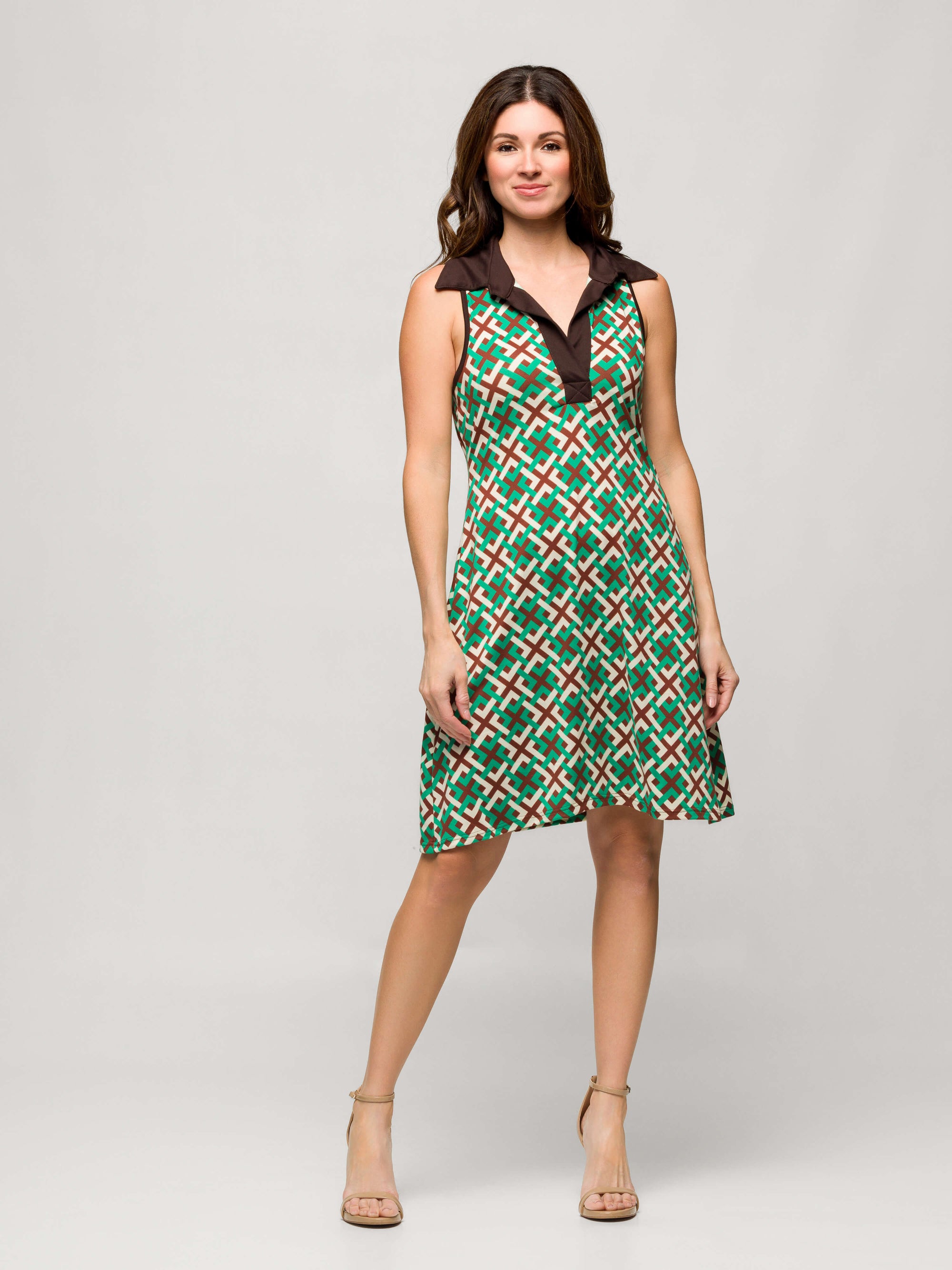 24seven Comfort Apparel Brown and Green Sleeveless Collared Mini Dress