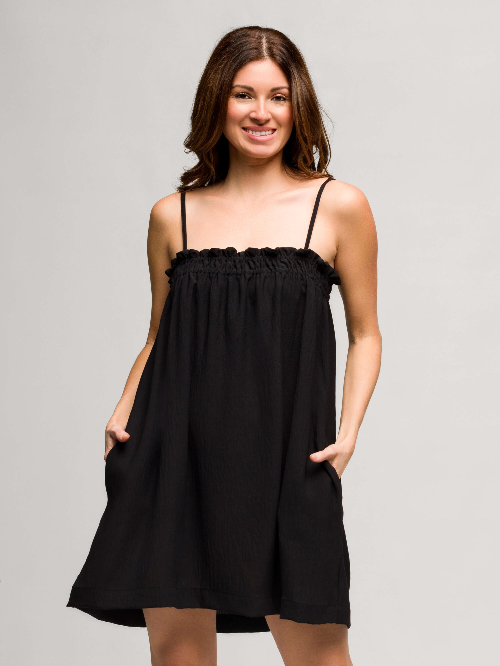 24seven Comfort Apparel Square Neck Spaghetti Strap Smocked Pocket Mini Dress