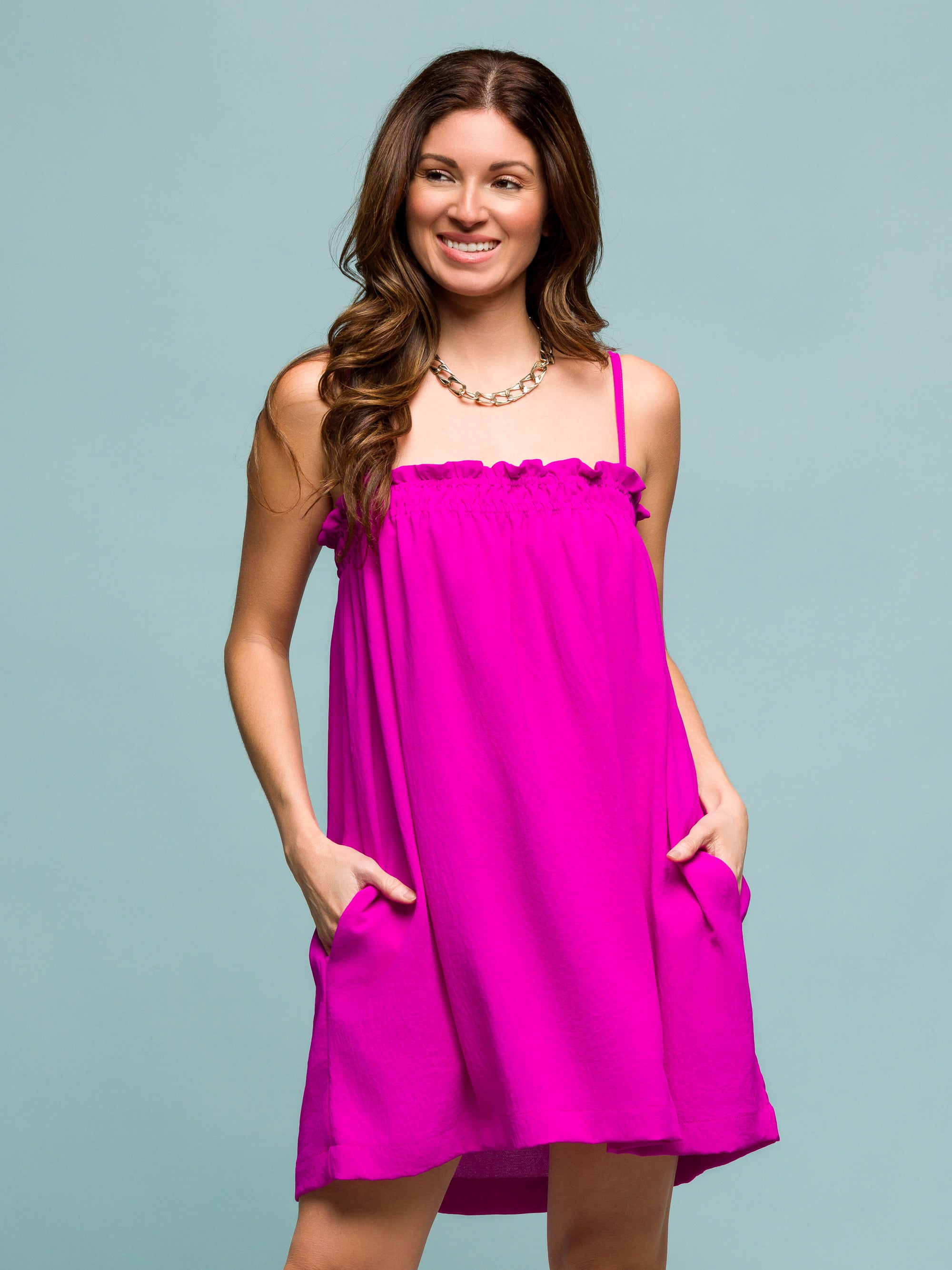 24seven Comfort Apparel Square Neck Spaghetti Strap Smocked Pocket Mini Dress