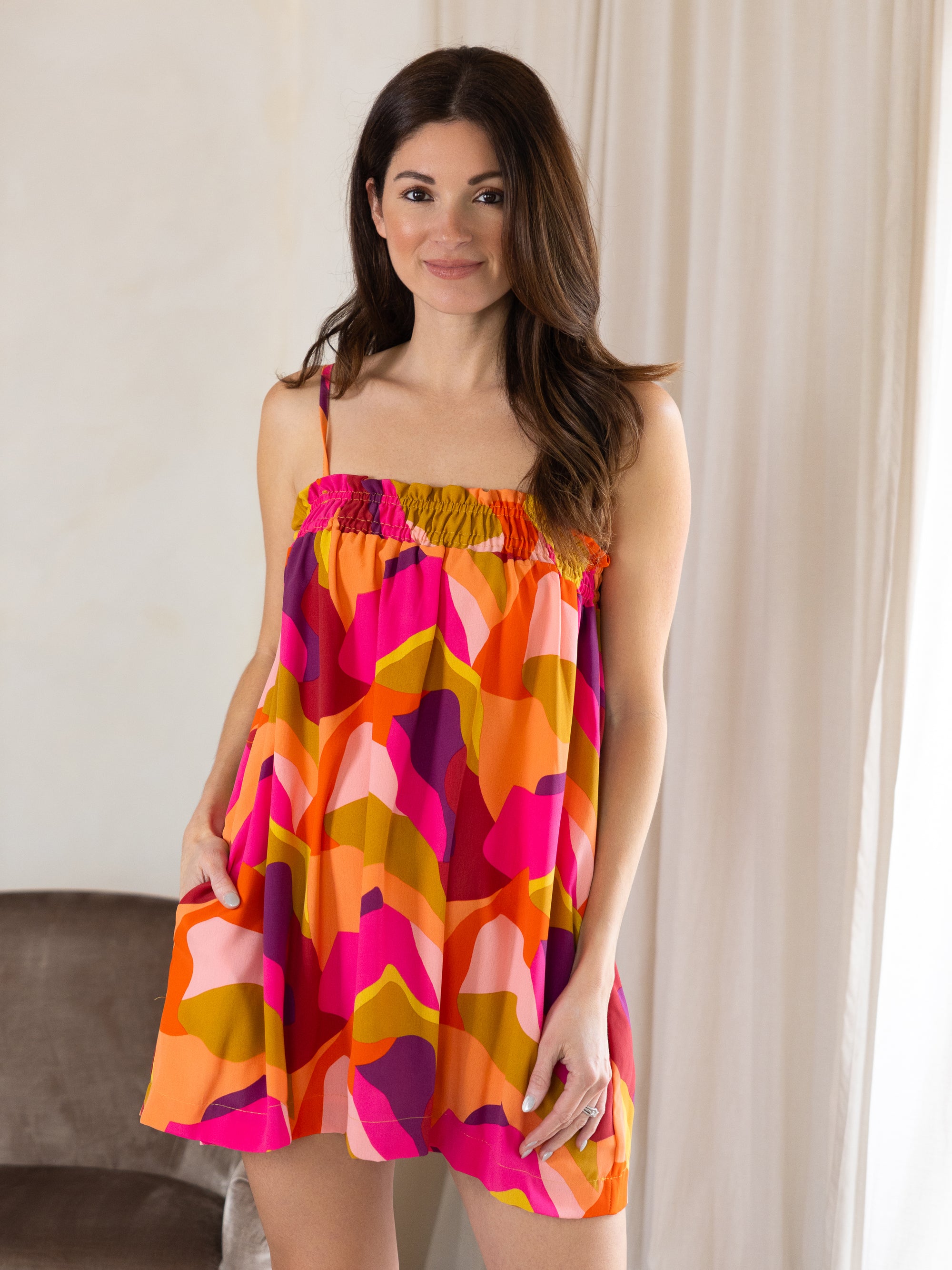 24seven Comfort Apparel Multicolor Square Neck Spaghetti Strap Smocked Pockets Mini Dress