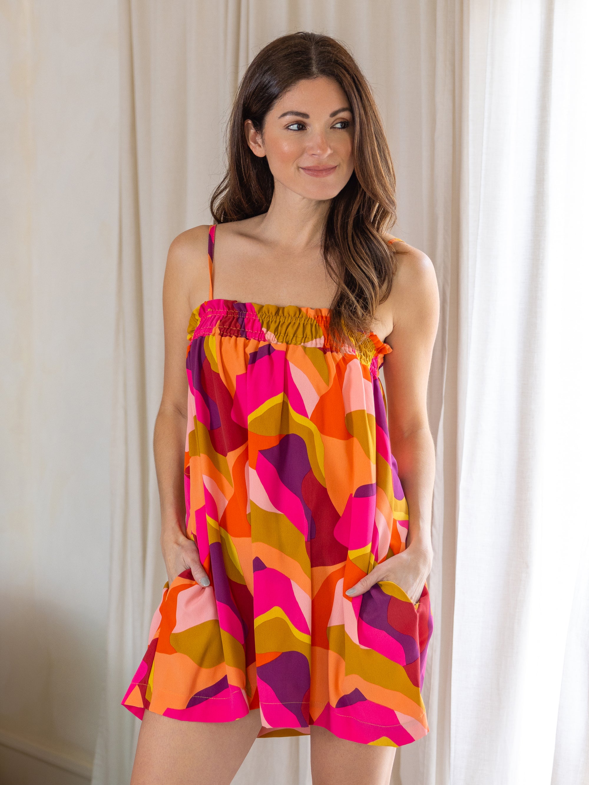 24seven Comfort Apparel Multicolor Square Neck Spaghetti Strap Smocked Pockets Mini Dress