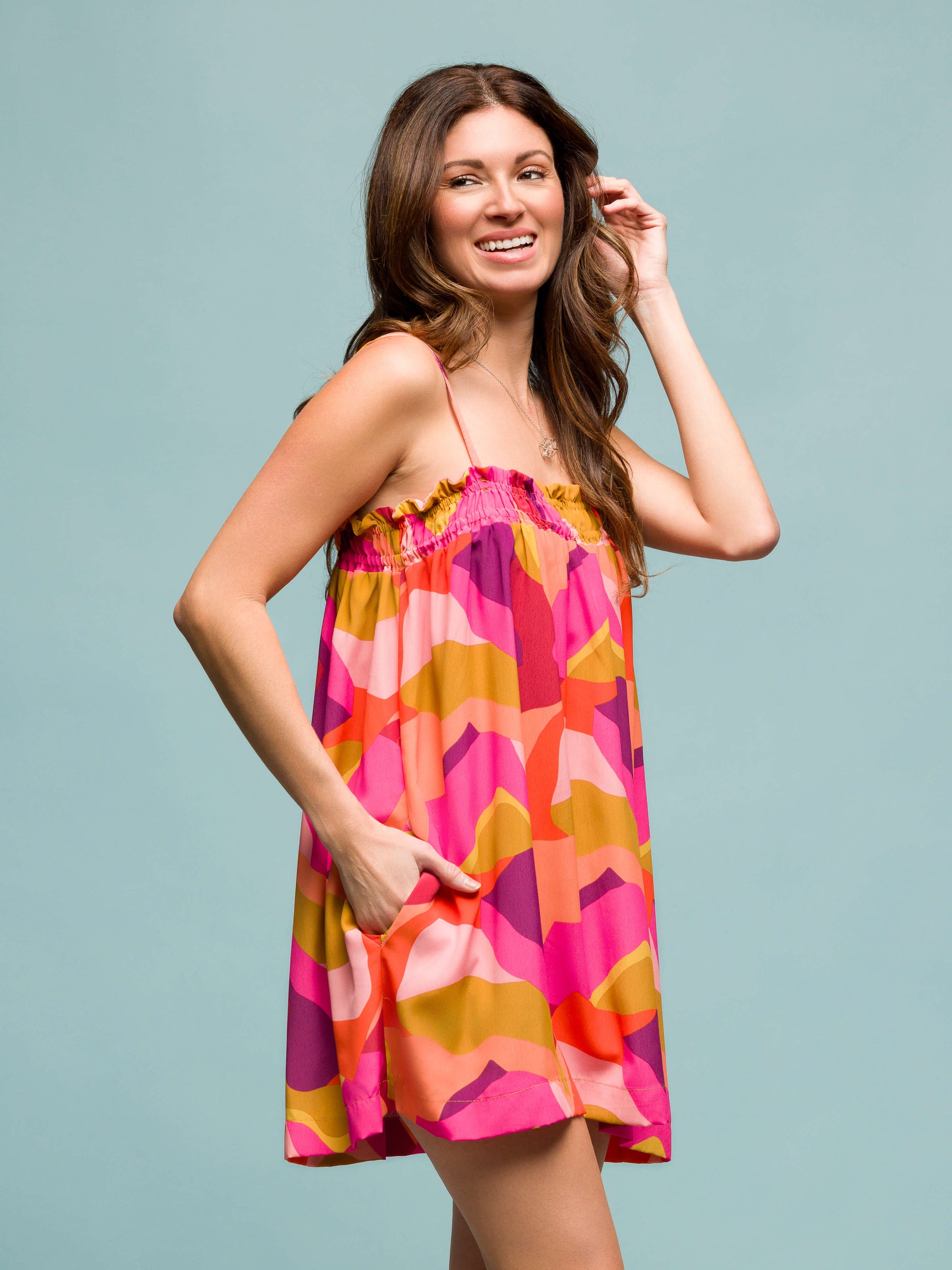 24seven Comfort Apparel Multicolor Square Neck Spaghetti Strap Smocked Pockets Mini Dress