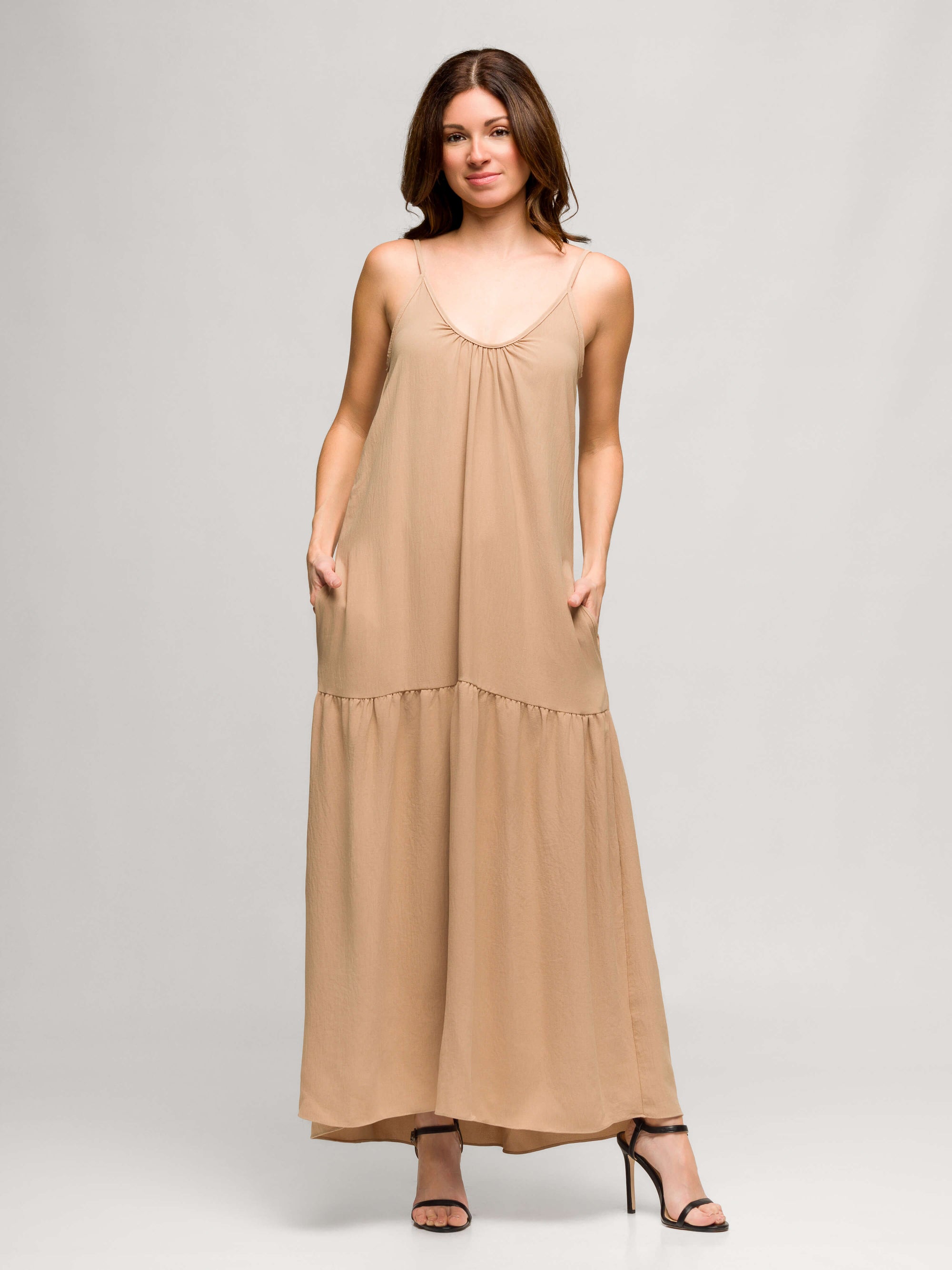 24seven Comfort Apparel Womens Lightweight Spaghetti Strap Pocket Maxi Dress