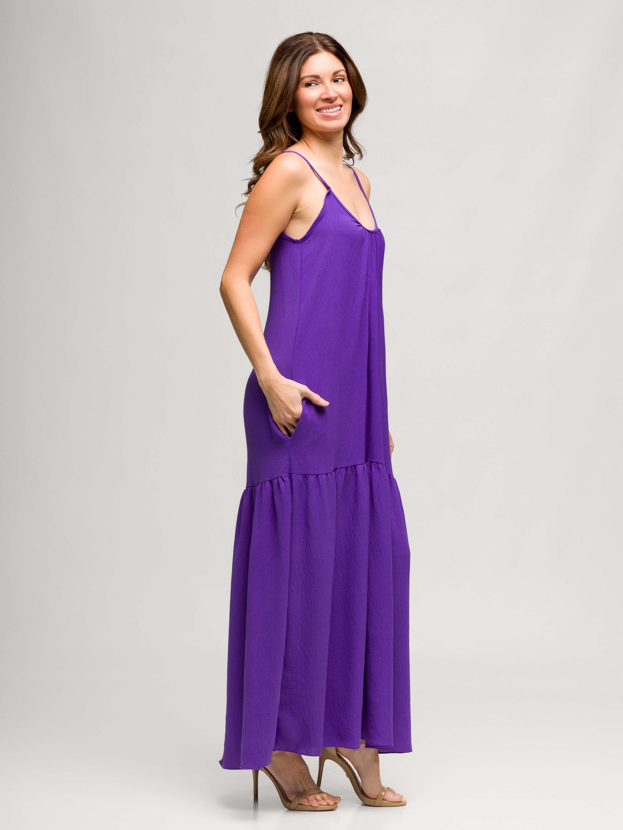 24seven Comfort Apparel Womens Lightweight Spaghetti Strap Pocket Maxi Dress