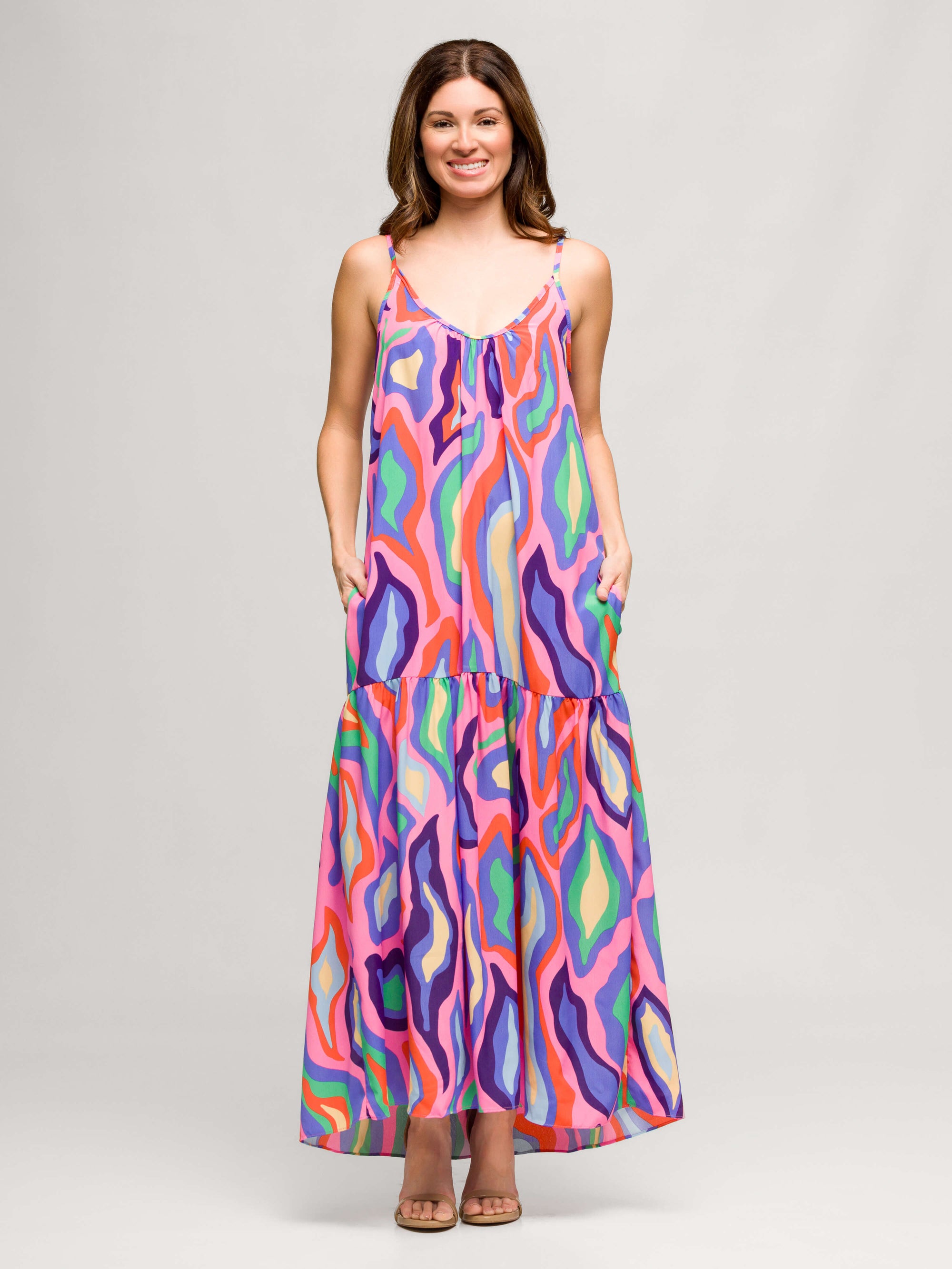 24seven Comfort Apparel Multicolor Lightweight Spaghetti Strap Pocket Maxi Dress
